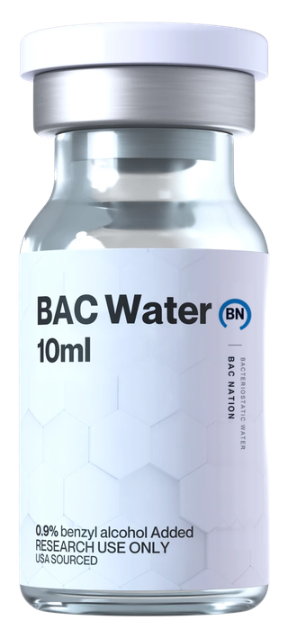 BAC Nation 10 mL bacteriostatic water — clear glass vial with a rubber stopper, aluminum crimp seal and white flip-off cap, label reading BAC Water 10ml, 0.9% benzyl alcohol added, Research Use Only