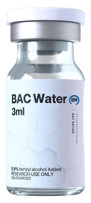 BAC Nation 3 mL bacteriostatic water — clear glass vial with a rubber stopper, aluminum crimp seal and white flip-off cap, label reading BAC Water 3ml, 0.9% benzyl alcohol added, Research Use Only